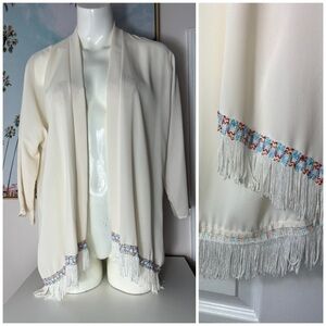 Jella Couture Beige Semi Sheer Fringe Trim Open Kimono Cardigan Size Large